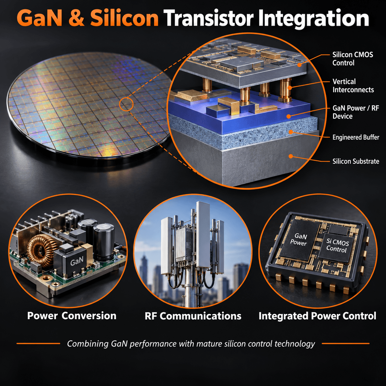 GaN and silicon transistor integration showing a silicon substrate, engineered buffer, GaN power or RF device, silicon CMOS control layer, and vertical interconnects