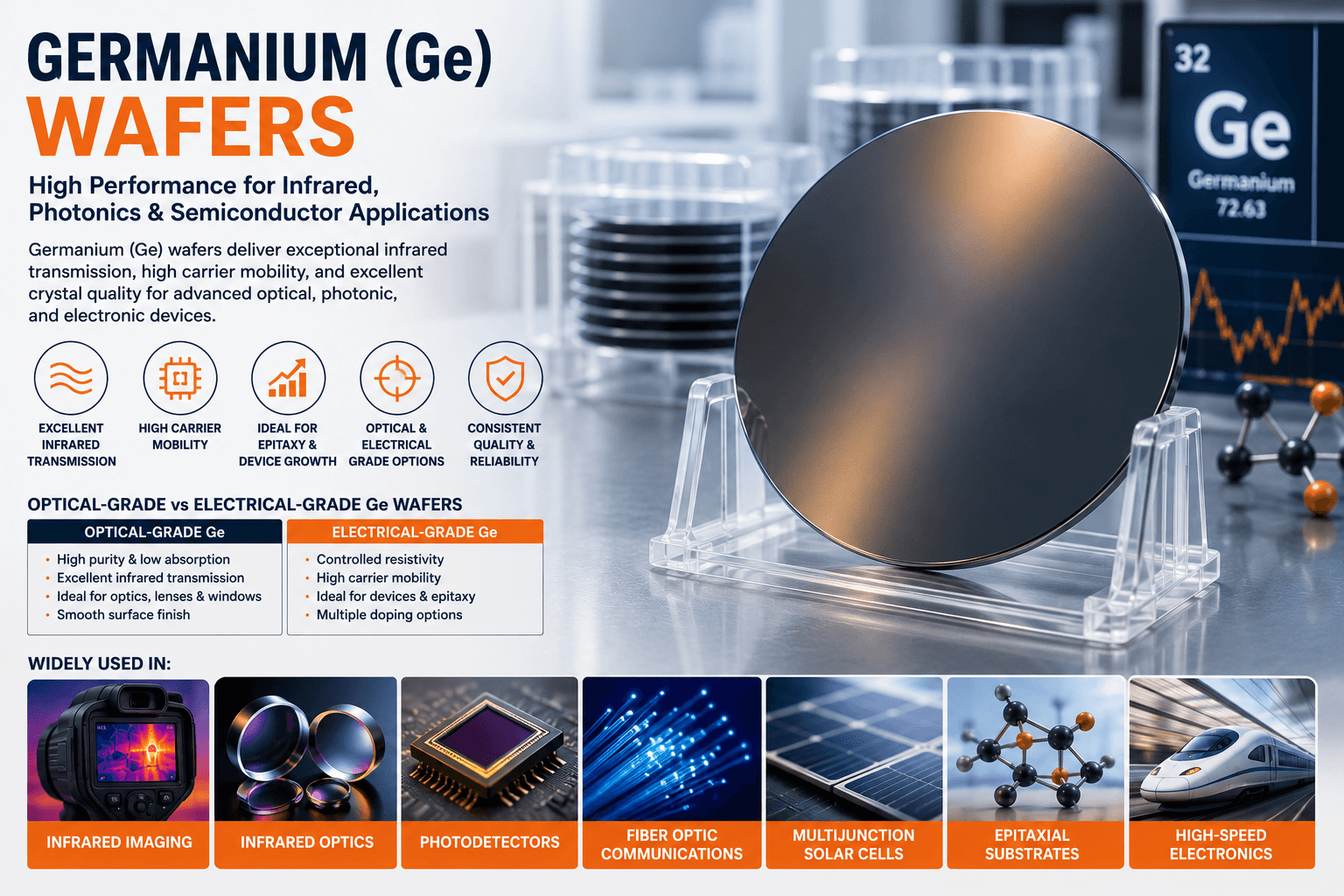 Germanium (Ge) wafer for infrared optics, photonics, photodetectors, solar cells, and semiconductor applications