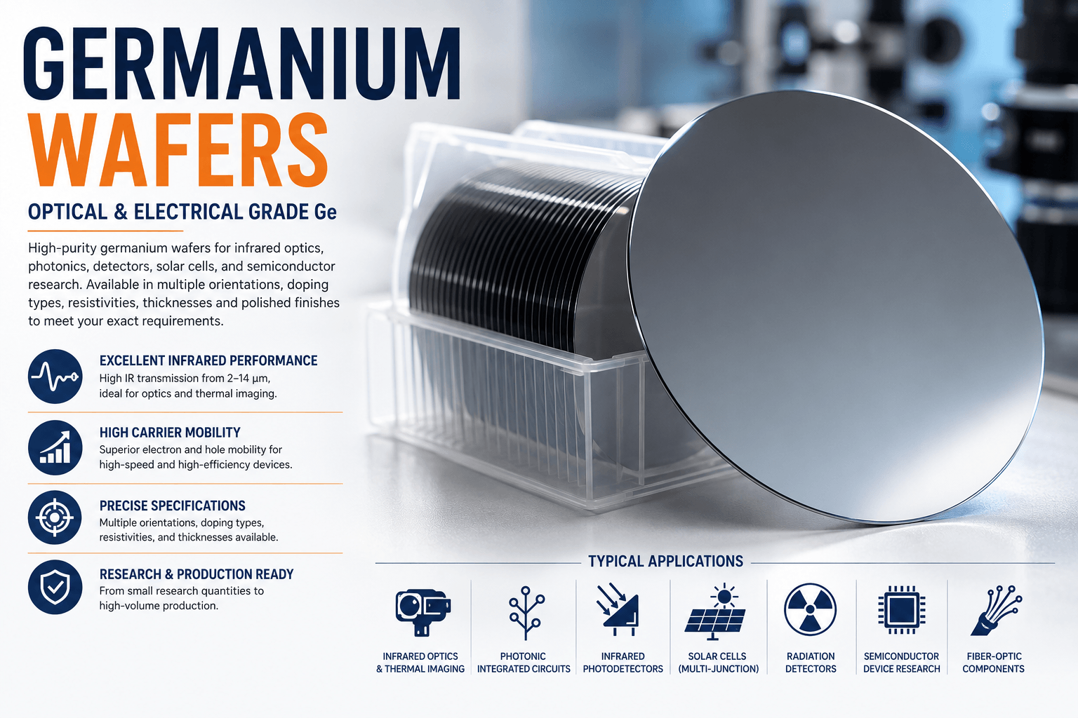 Germanium wafer applications including infrared optics, photonics, detectors, solar cells and semiconductor research