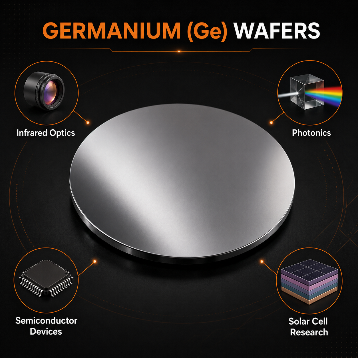 Germanium wafer infographic showing infrared, photonics, semiconductor and solar cell research applications