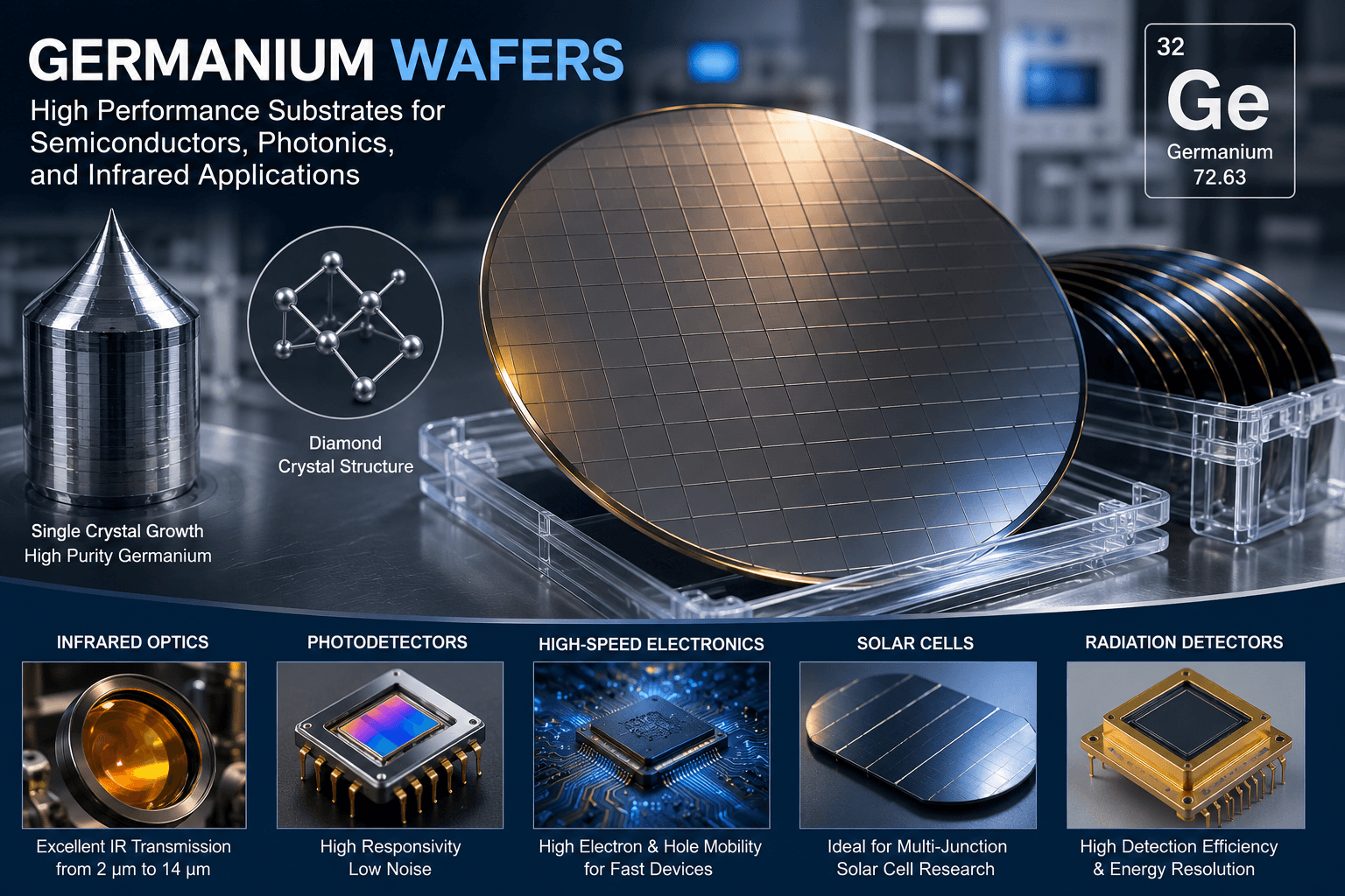 Germanium wafer for semiconductor research, infrared optics, photodetectors, photonics, and solar cell applications