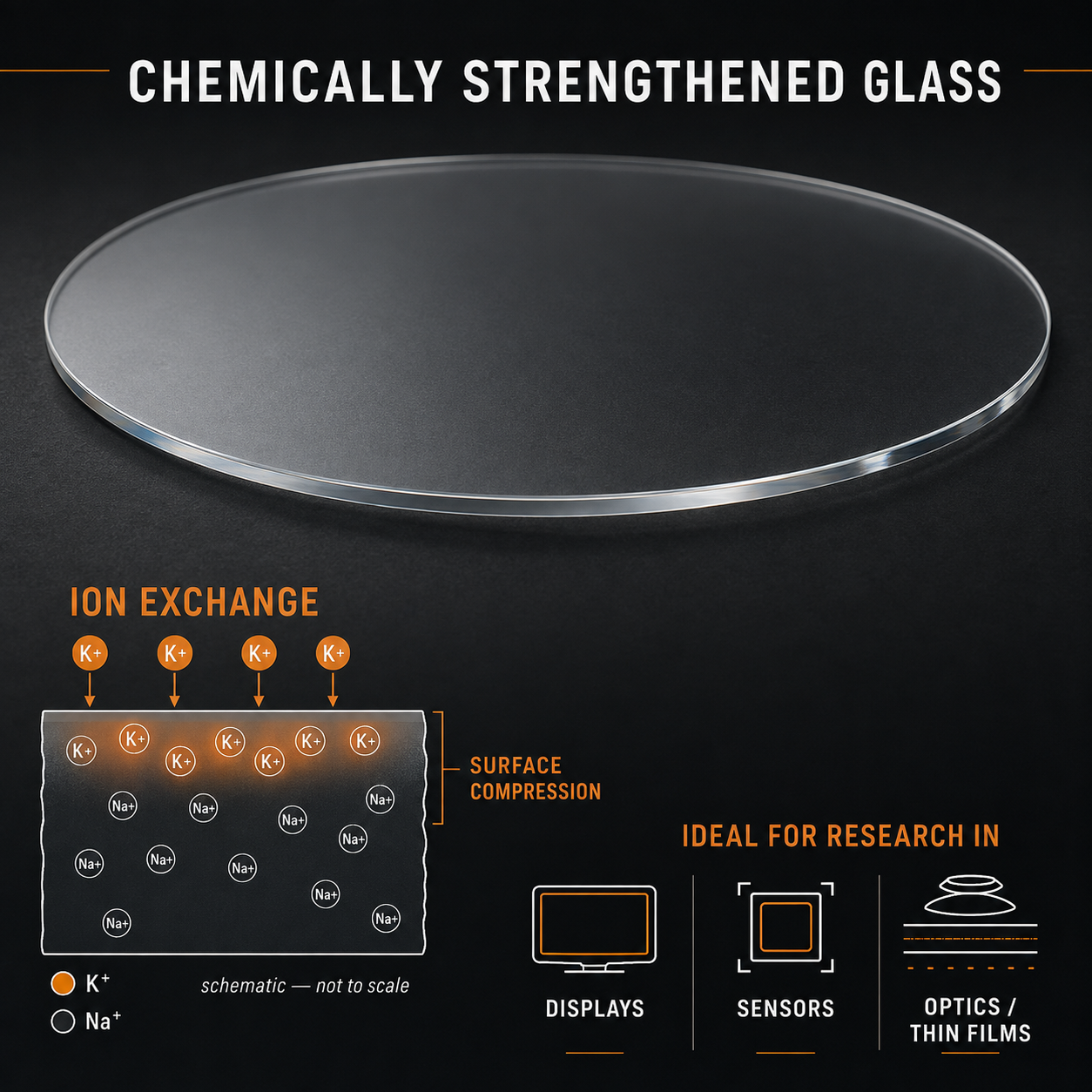 Gorilla Glass infographic showing a thin transparent chemically strengthened aluminosilicate glass substrate and ion-exchange surface compression