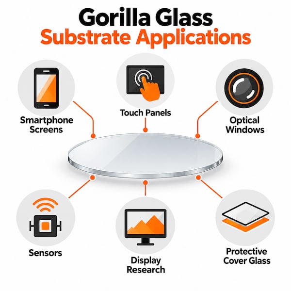 Gorilla Glass substrate applications including smartphone screens, touch panels, optical windows, sensors, display research, and protective cover glass