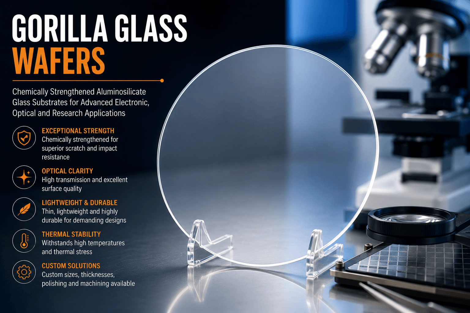 Chemically strengthened Gorilla Glass wafer used for displays, optics and MEMS