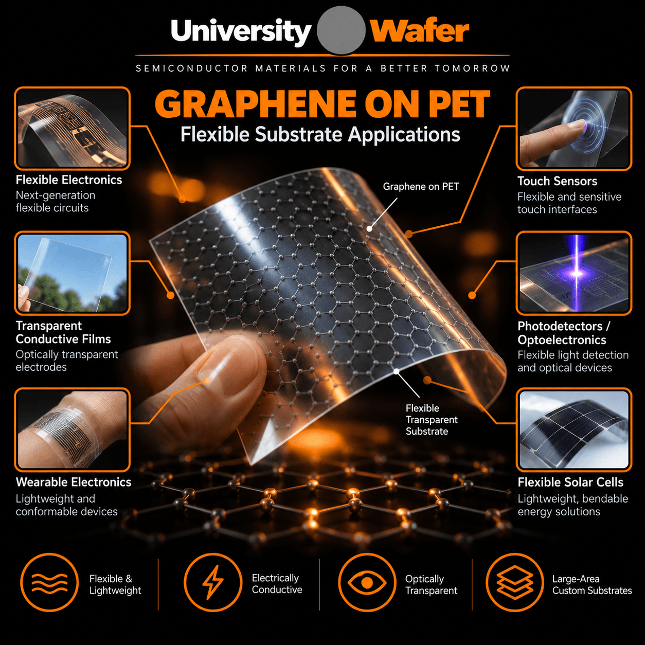 Graphene on PET substrate applications including flexible electronics, transparent conductive films, wearable electronics, touch sensors, photodetectors, and flexible solar cells