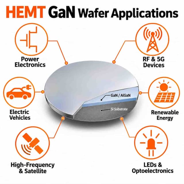 HEMT GaN wafer applications in power electronics, RF devices and semiconductor research