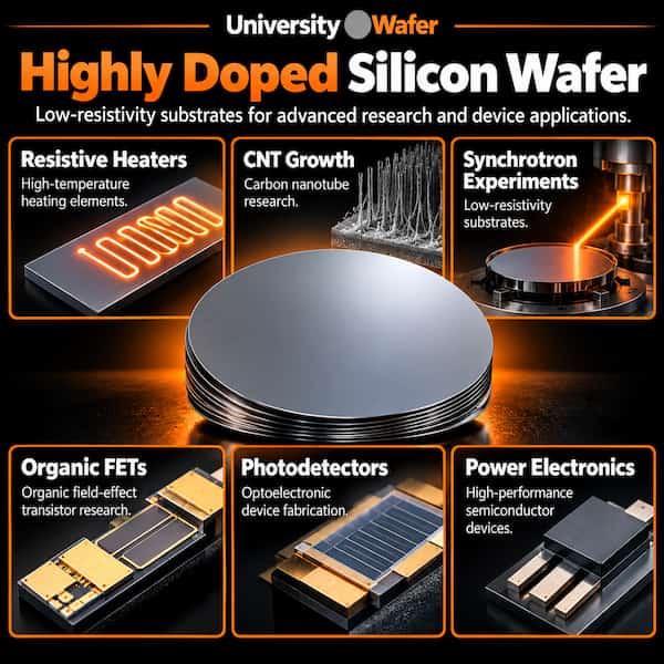 Highly doped silicon wafer applications including resistive heaters, carbon nanotube growth, synchrotron experiments, organic FETs, photodetectors and power electronics