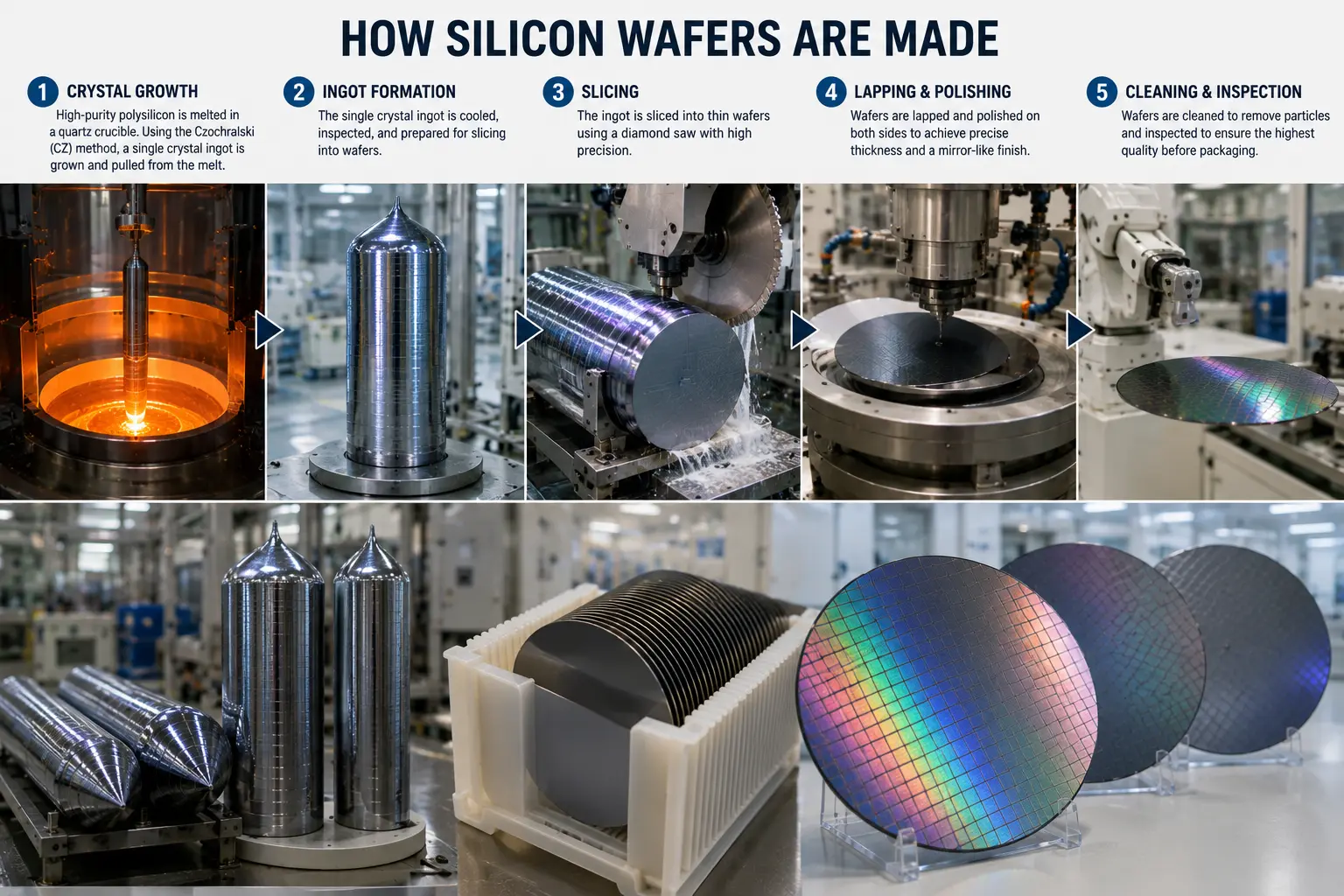 How silicon wafers are made showing crystal growth, ingot formation, wafer slicing, polishing, cleaning, and inspection