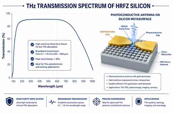 Scientific infographic showing THz transmission spectrum of HRFZ silicon and photoconductive antenna on a silicon metasurface