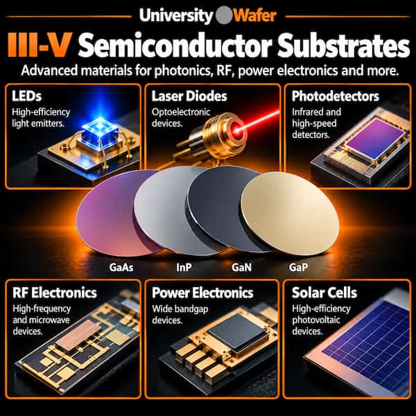 III-V semiconductor substrate applications including GaAs, InP, GaN, GaP, LEDs, laser diodes, photodetectors, RF electronics, power electronics and solar cells