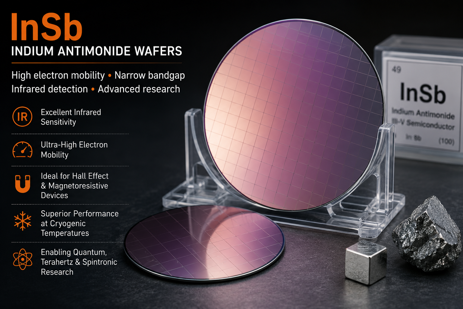 Indium Antimonide (InSb) wafer showing infrared semiconductor applications