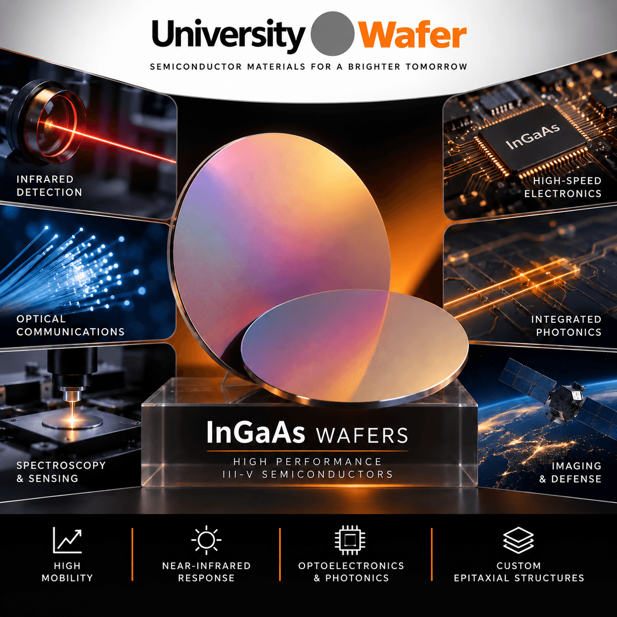 InGaAs wafer applications including infrared detection, optical communications, spectroscopy, high-speed electronics, integrated photonics and imaging