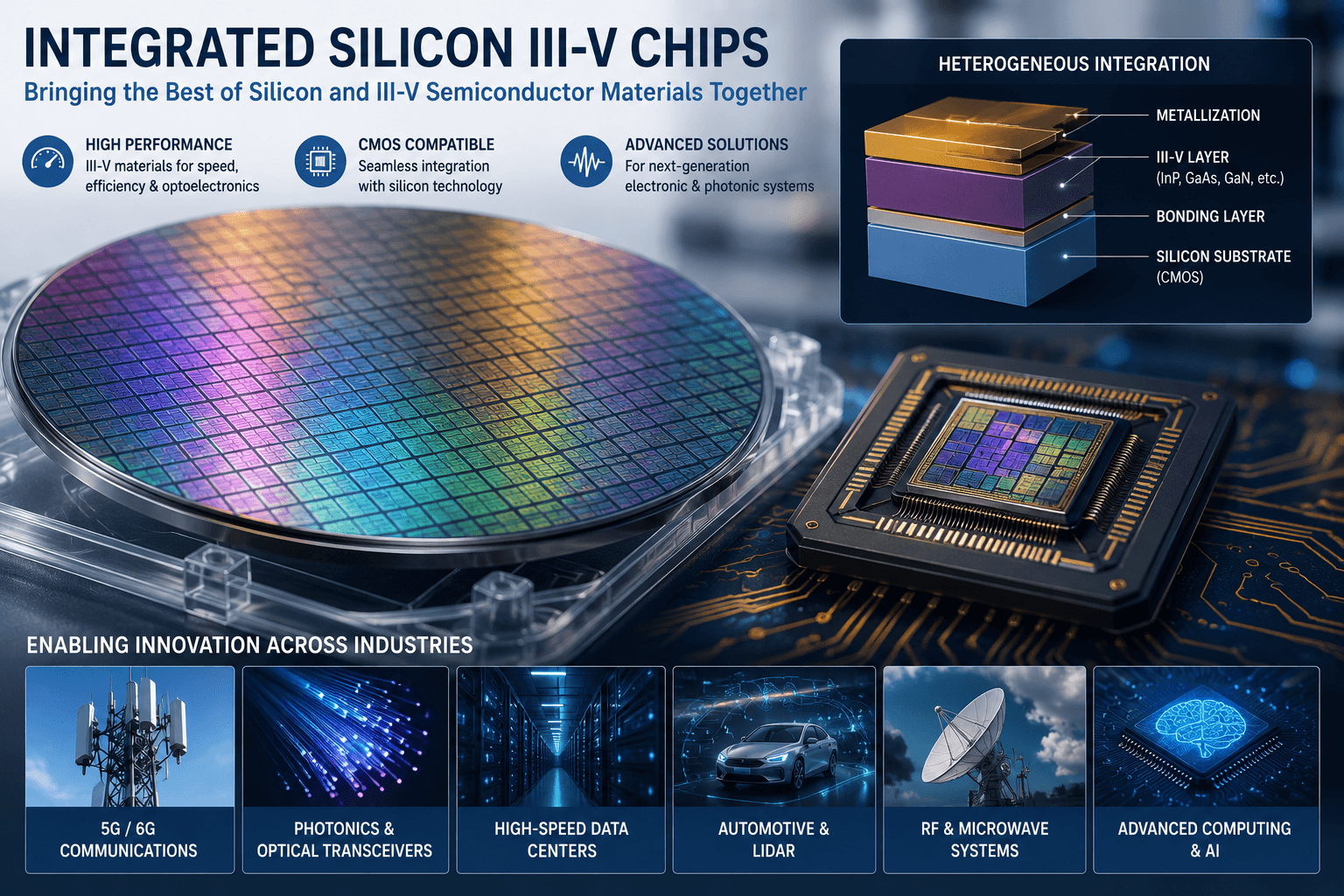 Integrated Silicon III-V chip showing heterogeneous integration of silicon CMOS and III-V semiconductor materials for photonics, RF, AI, and power electronics