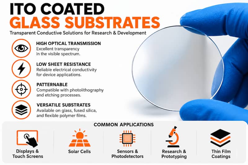 ITO coated glass substrate applications including transparent electrodes, sensors, photovoltaics, displays, microfluidics, and thin-film research