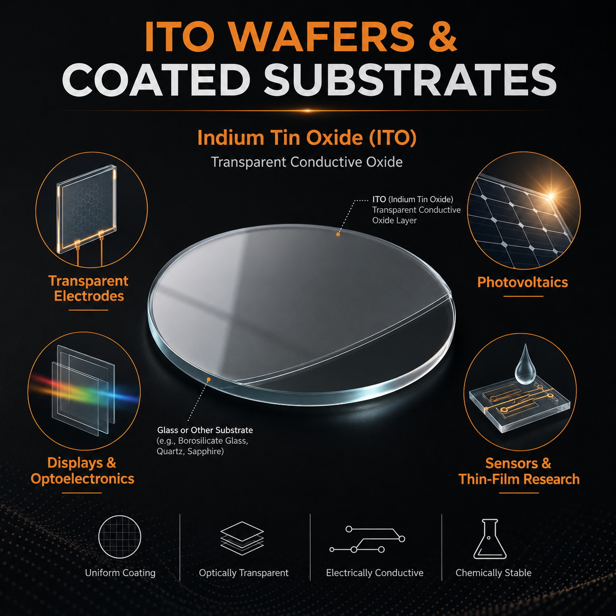 ITO wafer infographic showing indium tin oxide coated substrates for transparent electrodes, photovoltaics, optoelectronics, displays and sensors