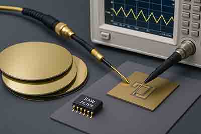 Lithium tantalate wafer on an RF testing station with probe arms for SAW and resonator measurements