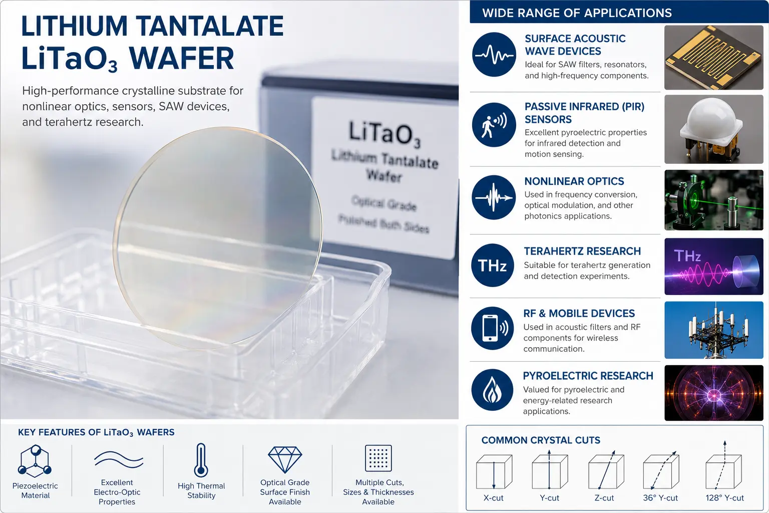 Applications of lithium tantalate LiTaO3 wafers including SAW devices, terahertz research, nonlinear optics, and RF filters