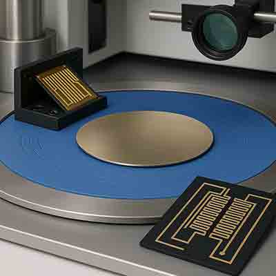 Lithium tantalate wafer on a laboratory station alongside SAW, optical, and sensing components