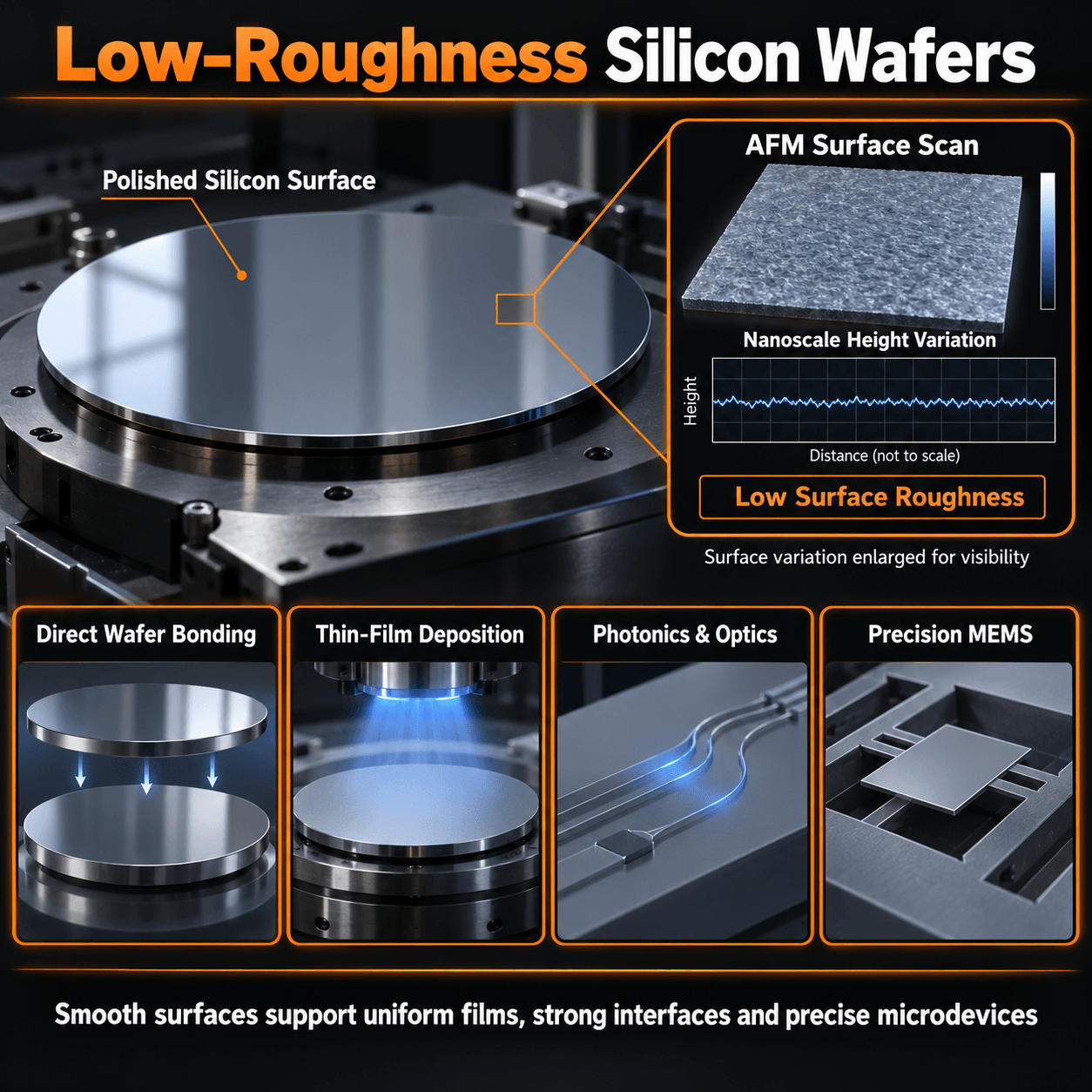 Low-surface-roughness silicon wafer with an AFM surface scan and applications in wafer bonding, thin-film deposition, photonics, and precision MEMS