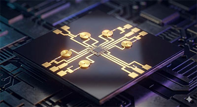 Advanced Microchip with Glowing Gold Spiral Inductors Detailed macro view of an advanced microchip with glowing gold traces and spiral inductors on a dark circuit board substrate.