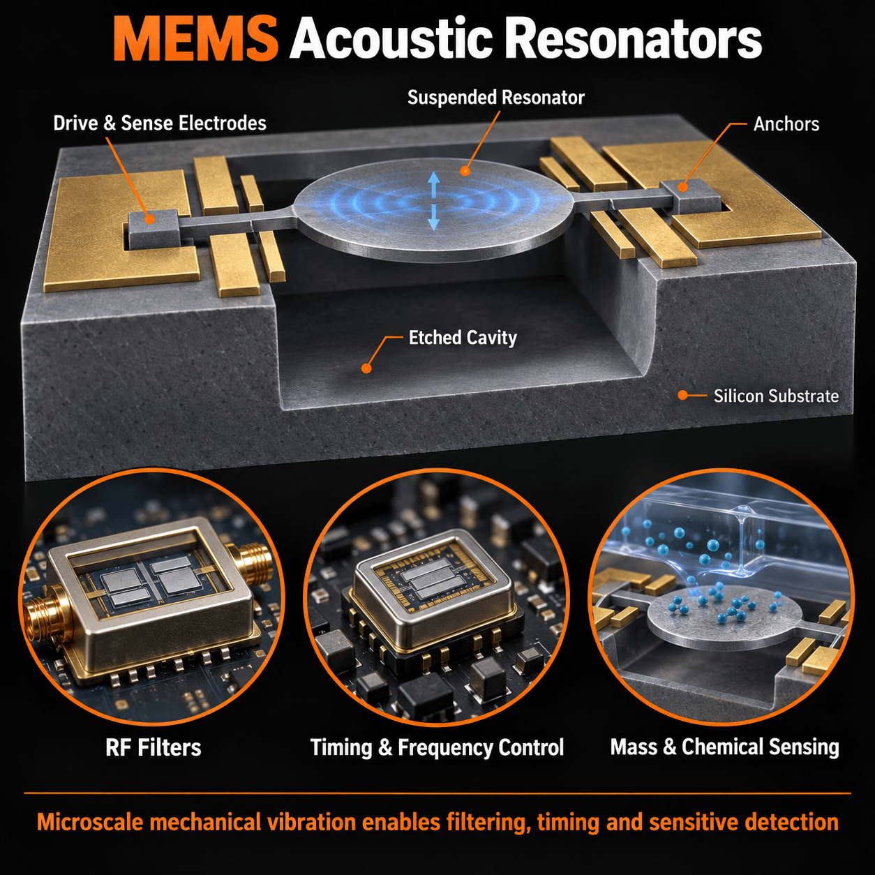 MEMS acoustic resonator on a silicon substrate with drive and sense electrodes, anchors, an etched cavity, and applications in RF filters, frequency control, and chemical sensing