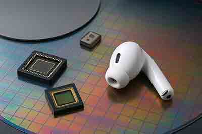MEMS for Air Pods Disassembled earbud showing internal chips and labeled substrates