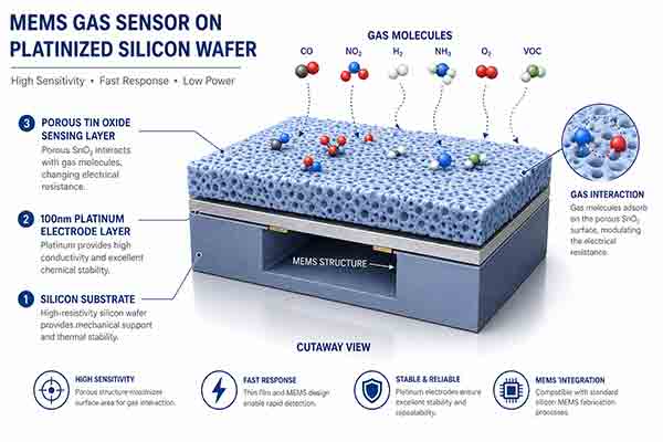 3D technical schematic of a MEMS gas sensor on a platinized silicon wafer with platinum electrodes and porous tin oxide sensing layer