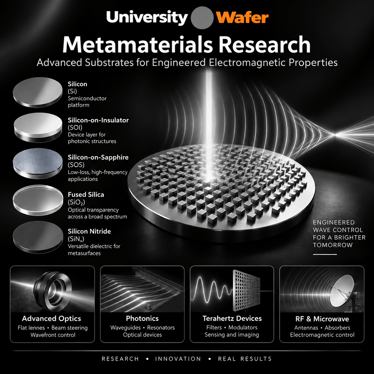 Metamaterials research substrates including silicon, SOI, silicon-on-sapphire, fused silica, and silicon nitride for photonics, terahertz, RF, and optical applications