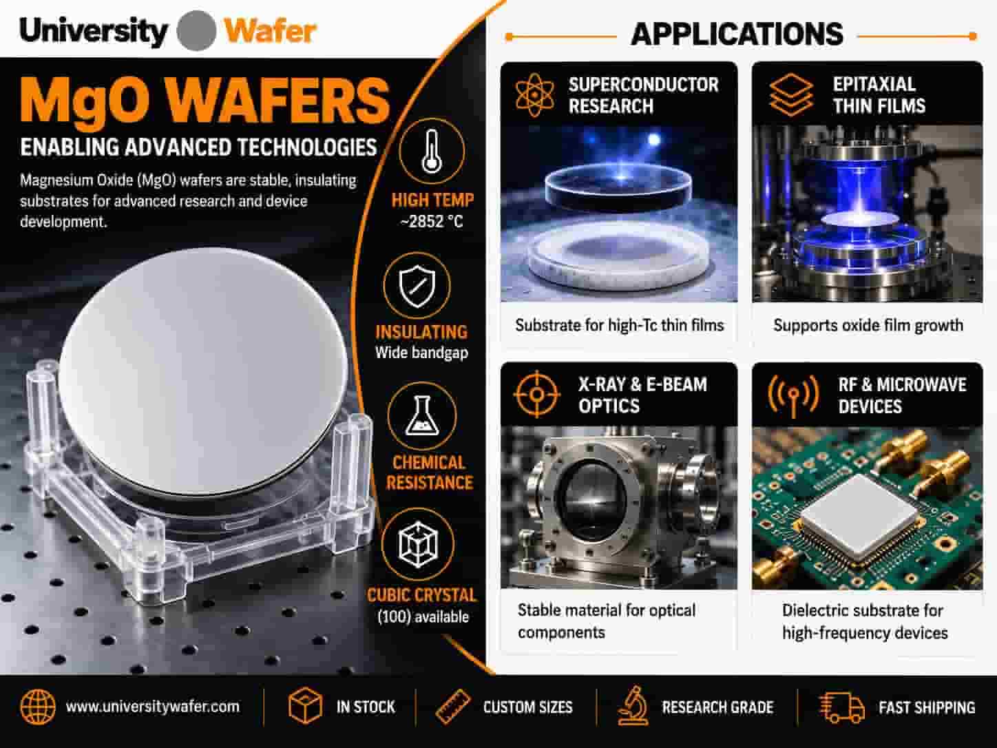 Magnesium oxide MgO wafers used for superconducting thin films, epitaxial growth, electron beam and X-ray optics, RF devices, spintronics, quantum research, and harsh-environment applications