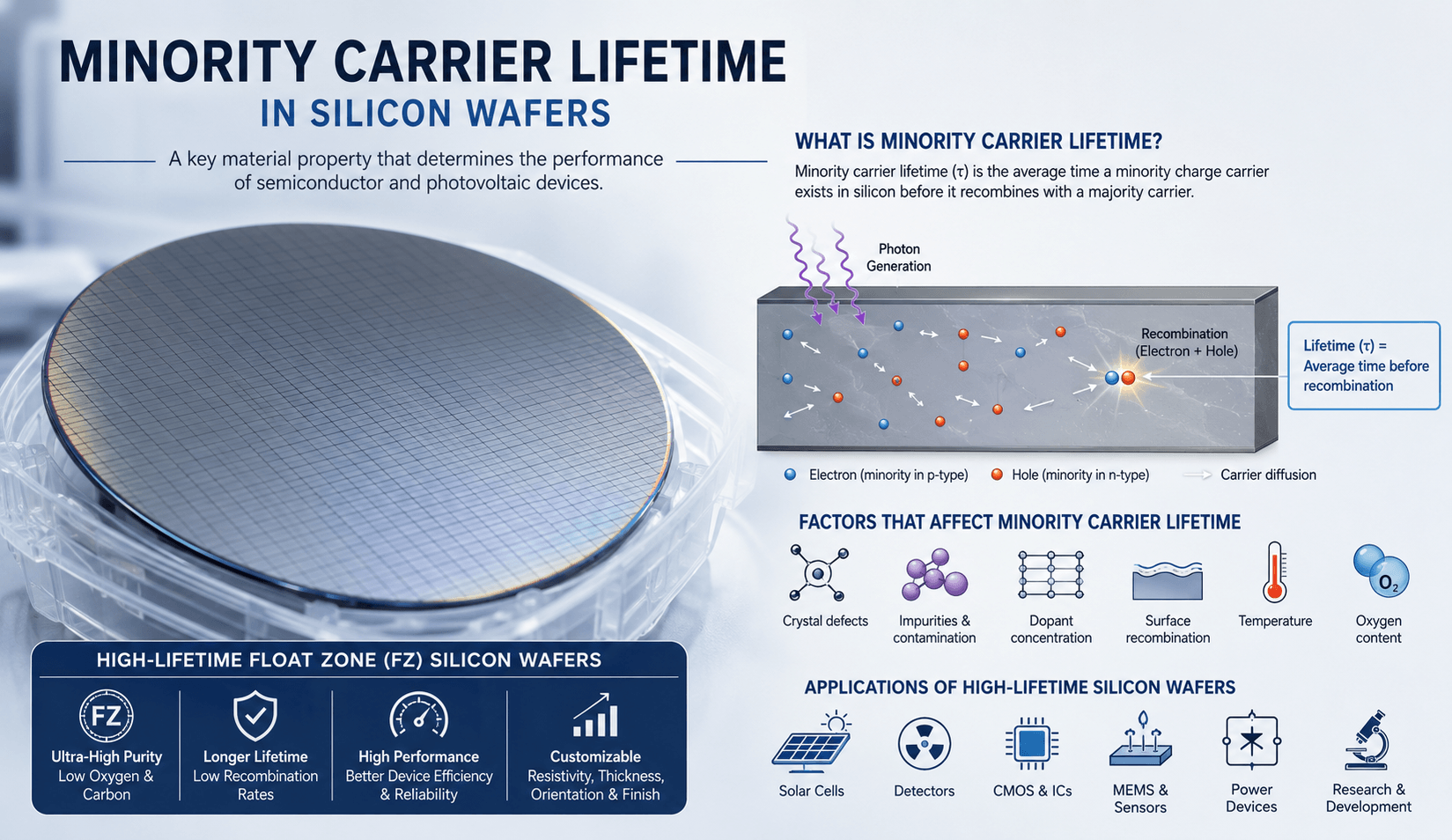 Minority carrier lifetime measured on a high-quality float zone silicon wafer