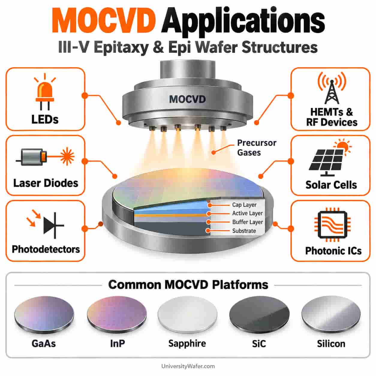 MOCVD epitaxial wafer applications for LEDs, laser diodes, photodetectors, GaN HEMTs, solar cells, and photonic integrated circuits