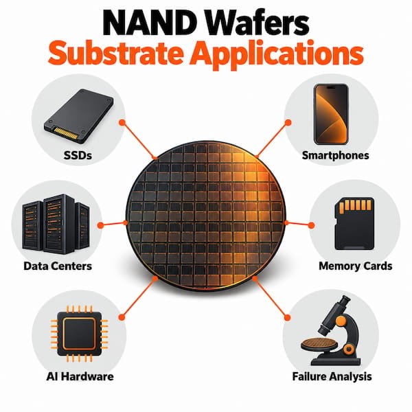 NAND wafer substrate applications including SSDs, smartphones, data centers, memory cards, AI hardware, and semiconductor failure analysis