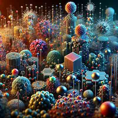 array of nanomaterials, depicted at a microscopic level. The illustration highlights various nanoscale structures such as nanoparticles, nanotubes, and nanowires in vibrant colors against a dark background, emphasizing their intricate details and potential applications.