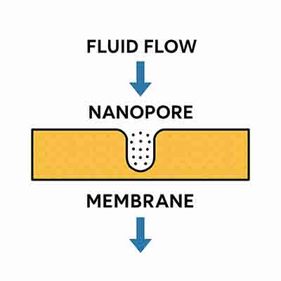 Nanopore Membrane Structure and Fluid Transport Scientific diagram of a nanopore membrane with top fluid, bottom fluid, and nanoscale pore transport