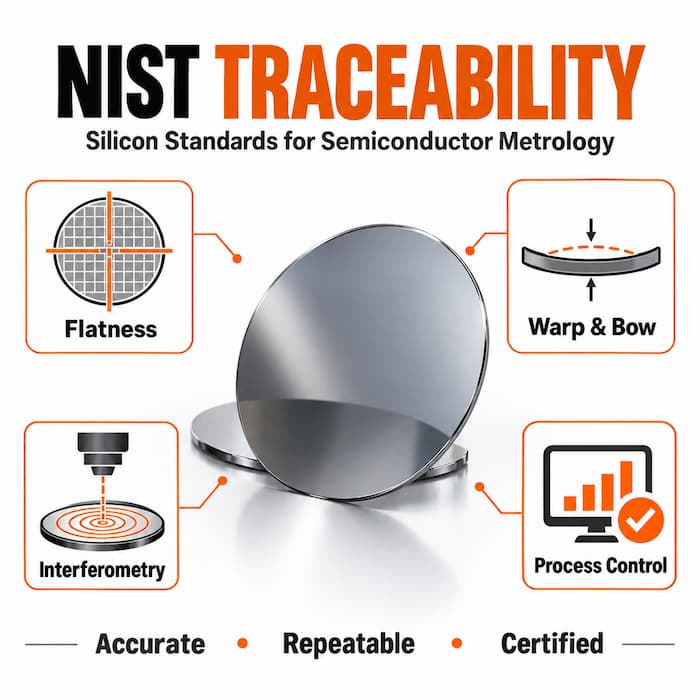 NIST traceability applications for silicon wafer standards, including flatness, warp and bow, interferometry, and semiconductor process control