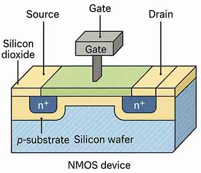 NMOS Device Fabrication on Silicon Wafer – Cross-Section View D cross-sectional diagram of NMOS device on a silicon wafer showing source, drain, gate, and oxide layers.