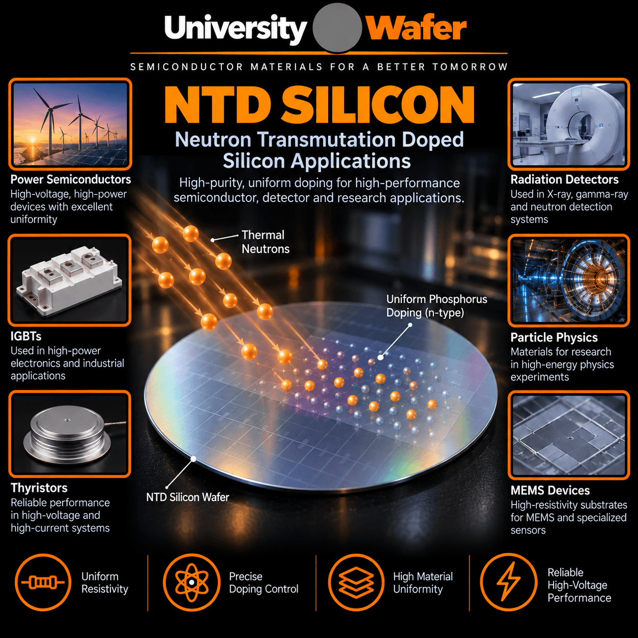 NTD silicon wafer applications including power semiconductors, IGBTs, thyristors, radiation detectors, particle physics, and MEMS devices