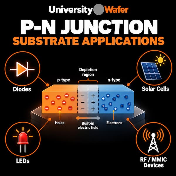 P-N junction semiconductor substrate applications including diodes, solar cells, LEDs and RF devices, showing p-type and n-type regions