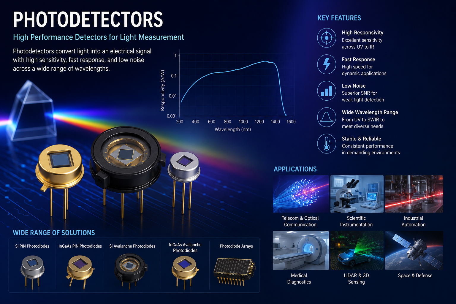 Photodetector substrates including silicon, germanium, InGaAs and InSb semiconductor wafers for UV, visible and near-infrared photodetector research