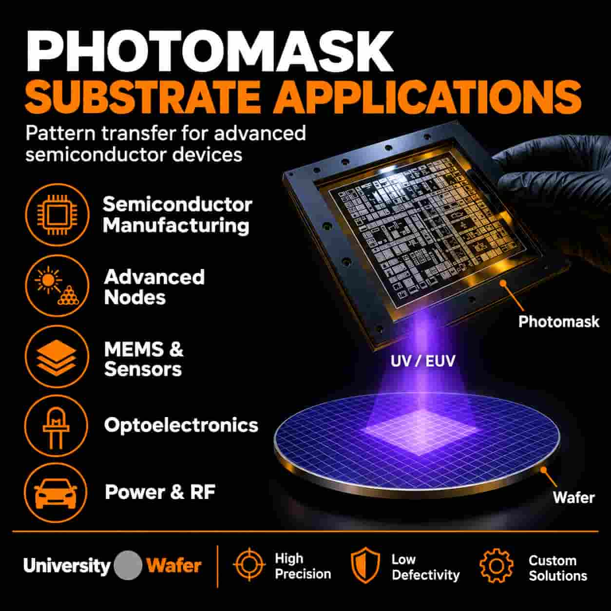 Photomask substrate applications for semiconductor lithography, MEMS, sensors, optoelectronics, RF devices and advanced semiconductor manufacturing