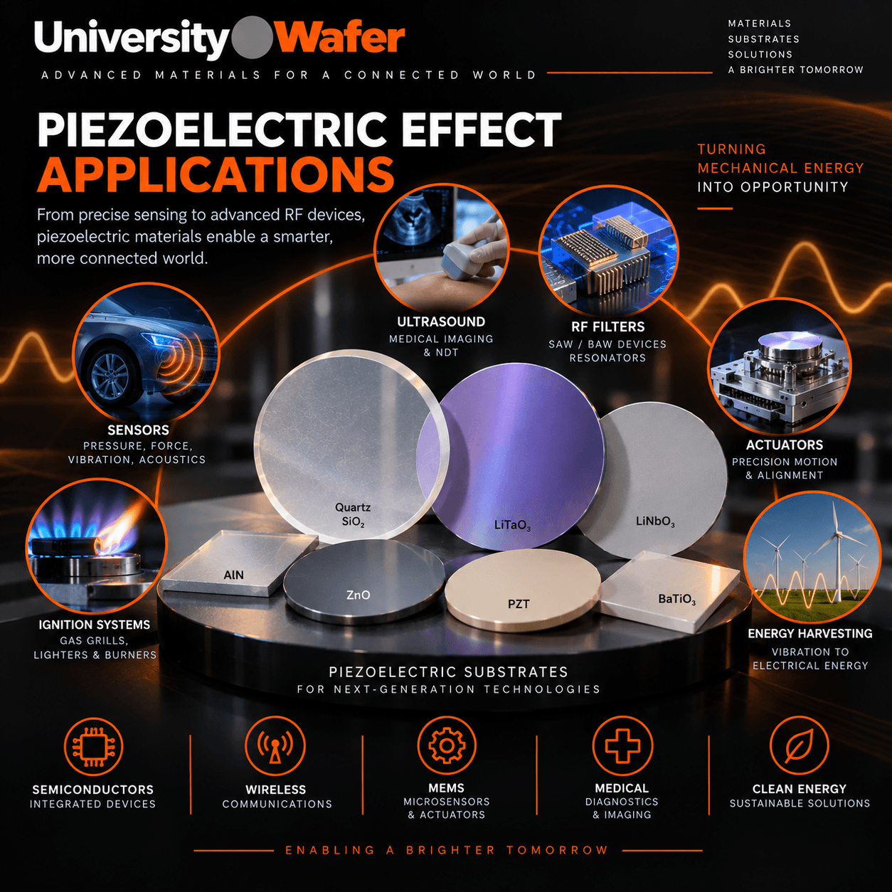 Piezoelectric substrate applications using quartz, lithium tantalate, lithium niobate, aluminum nitride, zinc oxide, PZT and barium titanate for sensors, ultrasound, RF filters, actuators, ignition systems and energy harvesting