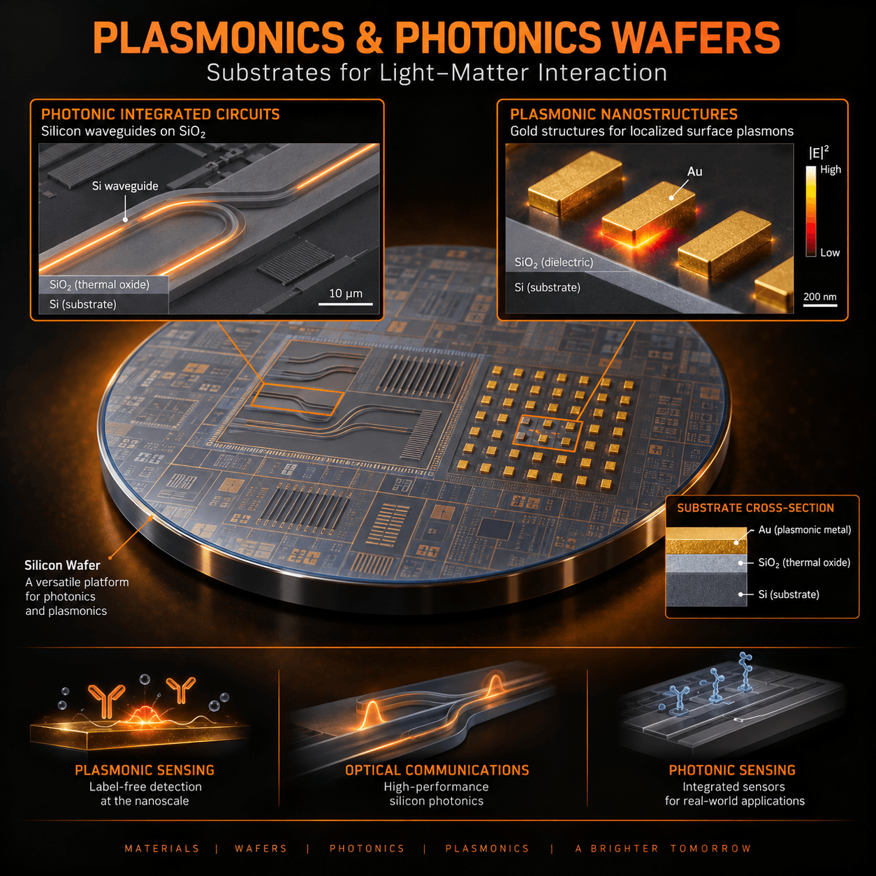 Plasmonics and photonics wafer applications showing silicon photonic waveguides, gold plasmonic nanostructures, optical communications, and photonic sensing