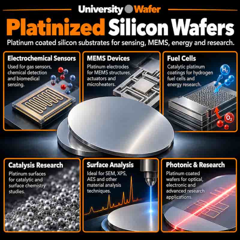 Platinized silicon wafer applications including electrochemical sensors, MEMS devices, fuel cells, catalysis research, surface analysis and photonic research