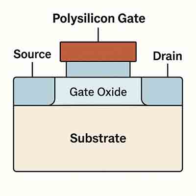 Cross-sectional diagram of a MOSFET showing a polysilicon gate, gate oxide, source, drain, and substrate