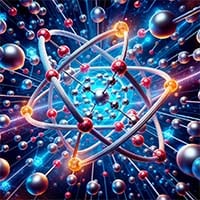 An illustration that depicts the atomic structure of quantum materials, emphasizing electrons orbiting around nuclei to showcase quantum effects.