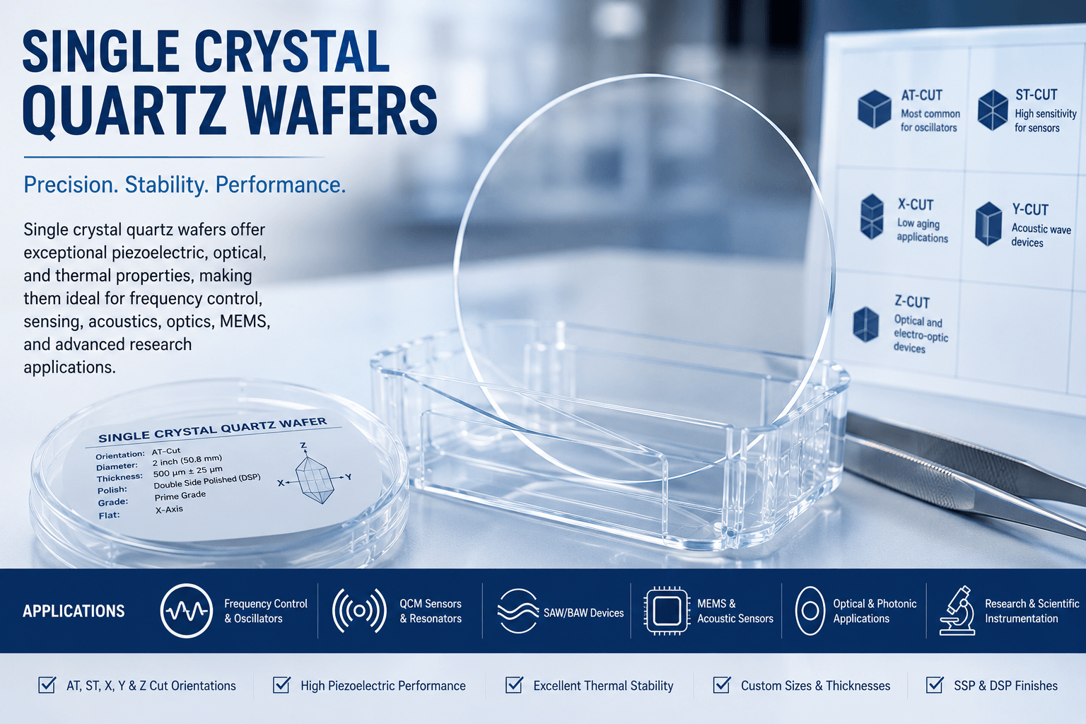 Single crystal quartz wafer used for piezoelectric, optical, and frequency control applications