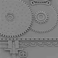 Micro-Electro-Mechanical Systems (MEMS) Gears and Actuators under SEM Scanning electron microscope image of a Micro-Electro-Mechanical Systems (MEMS) device showing interlocking gears and actuators in grayscale.