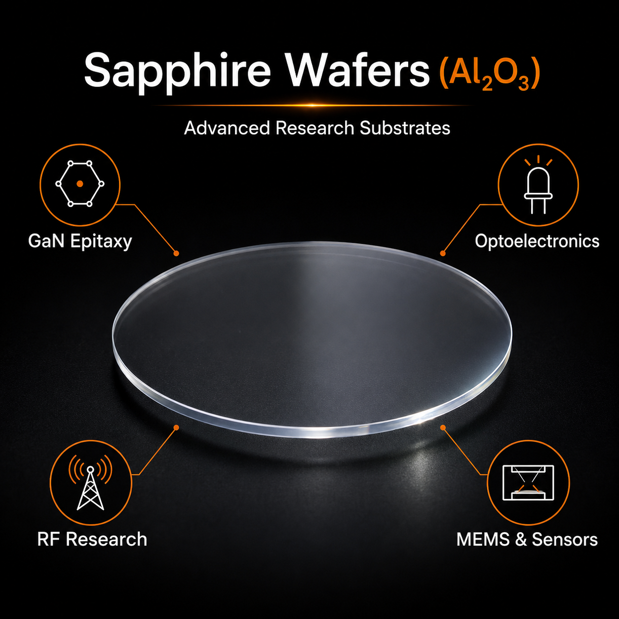 Sapphire Al2O3 wafer infographic showing transparent crystalline substrates for GaN epitaxy, semiconductors, optics, RF and research