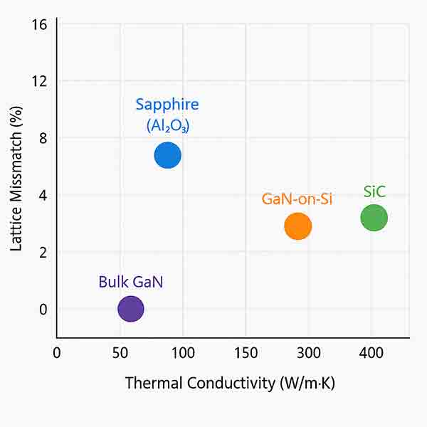Lattice Mismatch vs Thermal Conductivity for LED Substrate Materials: Sapphire, SiC, GaN-on-Si, and Bulk GaN Comparison chart showing lattice mismatch versus thermal conductivity for sapphire, SiC, GaN-on-Si, and bulk GaN substrates used in LED sensors