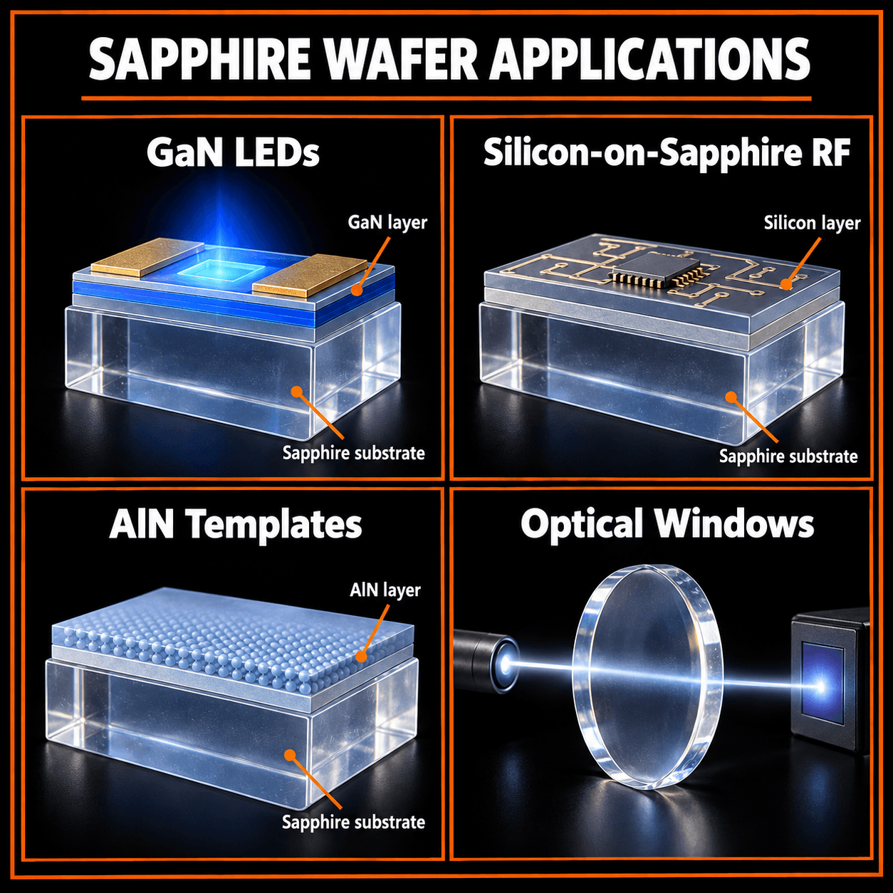 Illustration of sapphire wafer applications in GaN LEDs, silicon-on-sapphire RF devices, AlN templates, and optical windows